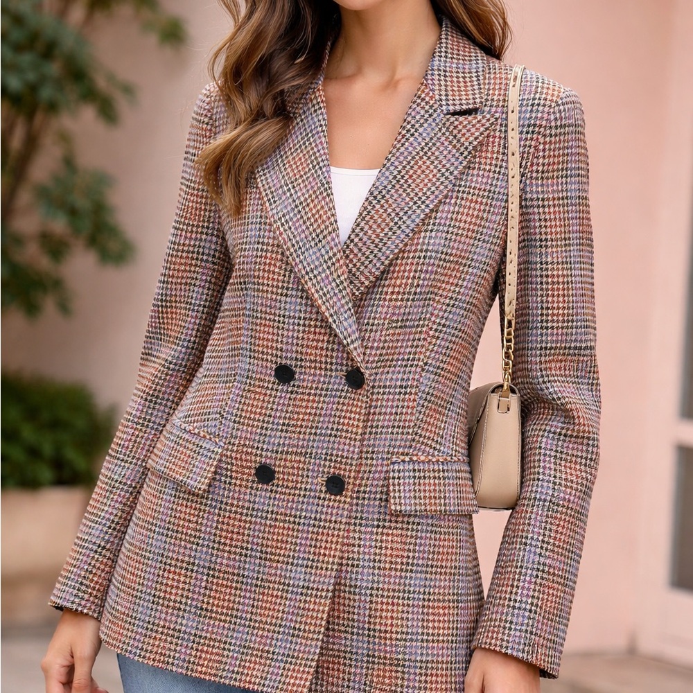 Double-Breasted Plaid Blazer Jacket - Brown Multi - Picture 2 of 10